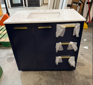 Simply Living 36 in. W x 22 in. D x 34 in. H Bath Vanity in Blue with Calacatta White Engineered Mar