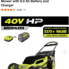 RYOBI 40V HP Brushless 20 in. Cordless Battery Walk Behind Push Lawn Mower with 6.0 Ah Battery and Charger