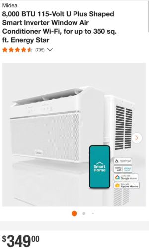 Midea 8,000 BTU 115-Volt U Plus Shaped Smart Inverter Window Air Conditioner Wi-Fi, for up to 350 sq. ft. Energy Star
