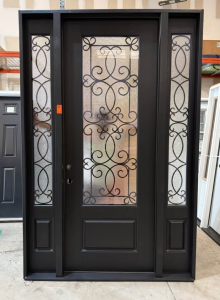 Steves & SonsRegency 64 in. x 96 in. 3/4-Lite Georgian Decorative Glass RHIS Onyx Mahogany Fiberglass Prehung Front Door Dbl 12in. SL