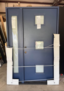 Feather River 53 in. x 80 in. Right-Hand Inswing 3-Lite Frosted Glass Primed Fiberglass Prehung Front Door on 4-9/16 in. FrameSpace Blue Color 