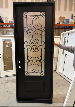 Steves & Sons Regency 36 in. x 96 in. 3/4Lite Georgian Decorative Glass RHIS Onyx Mahogany Fiberglass Prehung Front Door