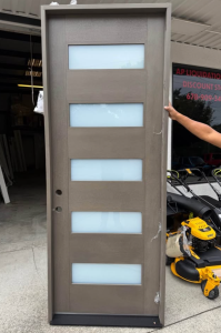 Steves & SonsRegency 36 in. x 96 in. 5L Modern Frosted Glass RHIS Ashwood Stained Fiberglass Prehung Front Door