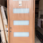 Steves & Sons Regency 36 in. x 96 in. 5L Modern Frosted Glass RHIS Autumn Wheat Stained Fiberglass Prehung Front Door