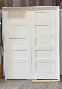 Steves & Sons60 in. x 80 in. 5-Panel Shaker White Primed Solid Core Wood Double Prehung Interior Door with Nickel Hinges