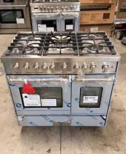 Verona Prestige Series  VPFSGG365DSS36 Inch Freestanding Gas Range with 5 Sealed Burners, Double Oven, 3.9 Cu. Ft. Total Capacity, Storage Drawer, Manual Clean, Infrared Broiler, Bell Timer, Turbo-Electric Convection Fans, and CSA Certified: Stainless Steel (Top Vent Missing)