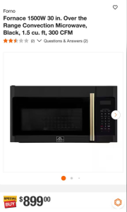 FornoFornace 1500W 30 in. Over the Range Convection Microwave, Black, 1.5 cu. ft, 300 CFM