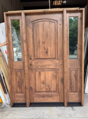 Krosswood Doors 64 in. x 80 in. Rustic Knotty Alder Arch Provincial Stained Wood Left Hand Single Prehung Front Door