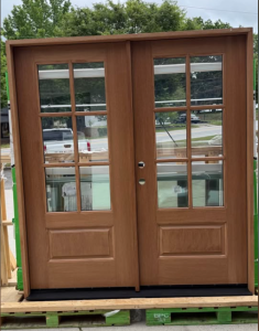 Krosswood DoorsUINTAH Farmhouse 72 in. x 79 in. 6-Lite Right-Active/Inswing Clear Glass Teak Stain Double Fiberglass Prehung Front Door