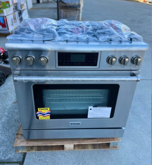 Thor Kitchen Tilt Panel 36-in 6 Burners Freestanding Gas Range with self-cleaning and air fry convection oven in. Stainless Steel