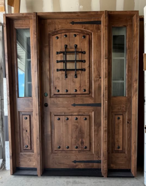 Krosswood Doors 64 in. x 80 in. Medit. Knotty Alder Right-Hand/Inswing Clear Glass Provincial Stain Wood Prehung Front Door w/DHSL